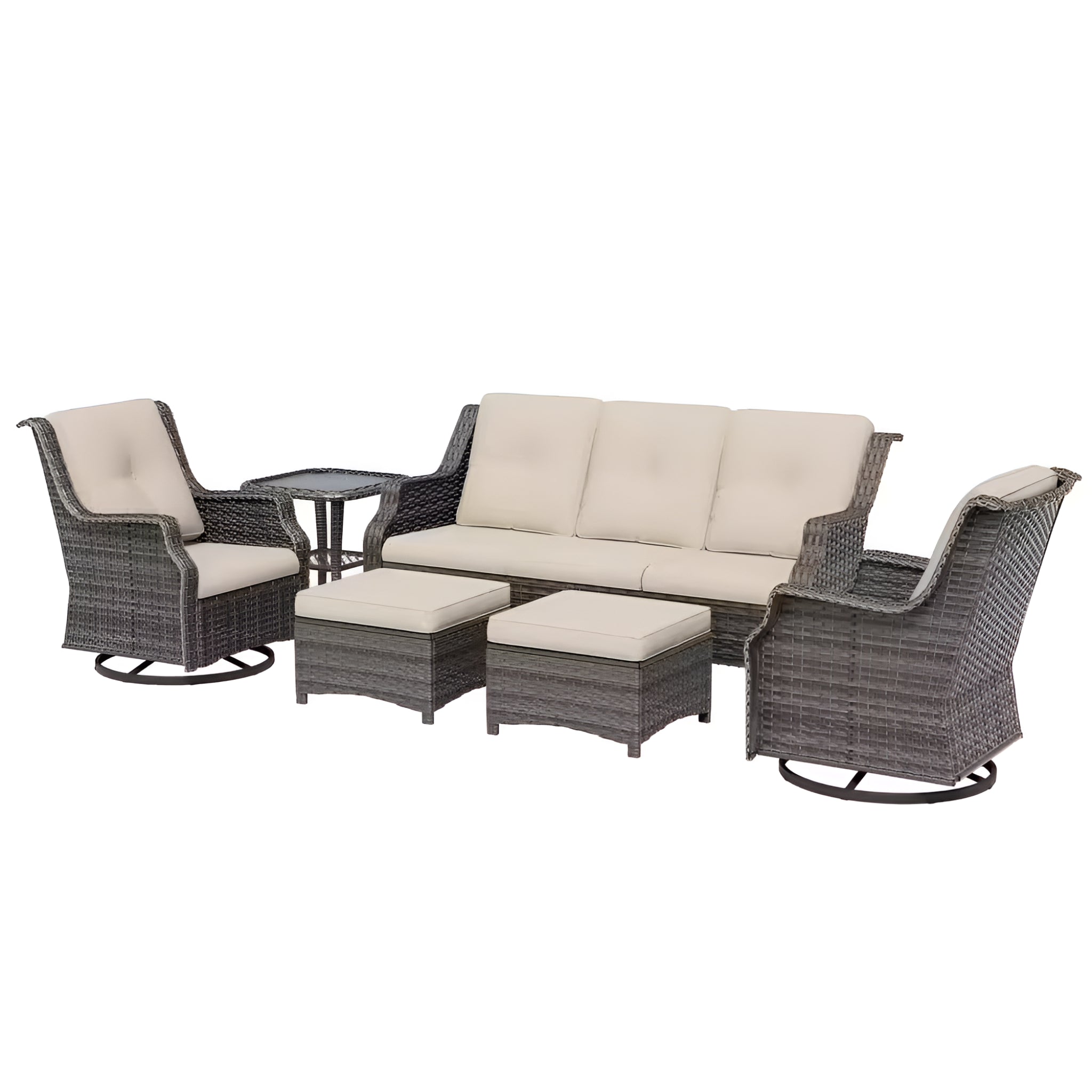 Outdoor furniture set with wicker chairs, sofa, and ottomans