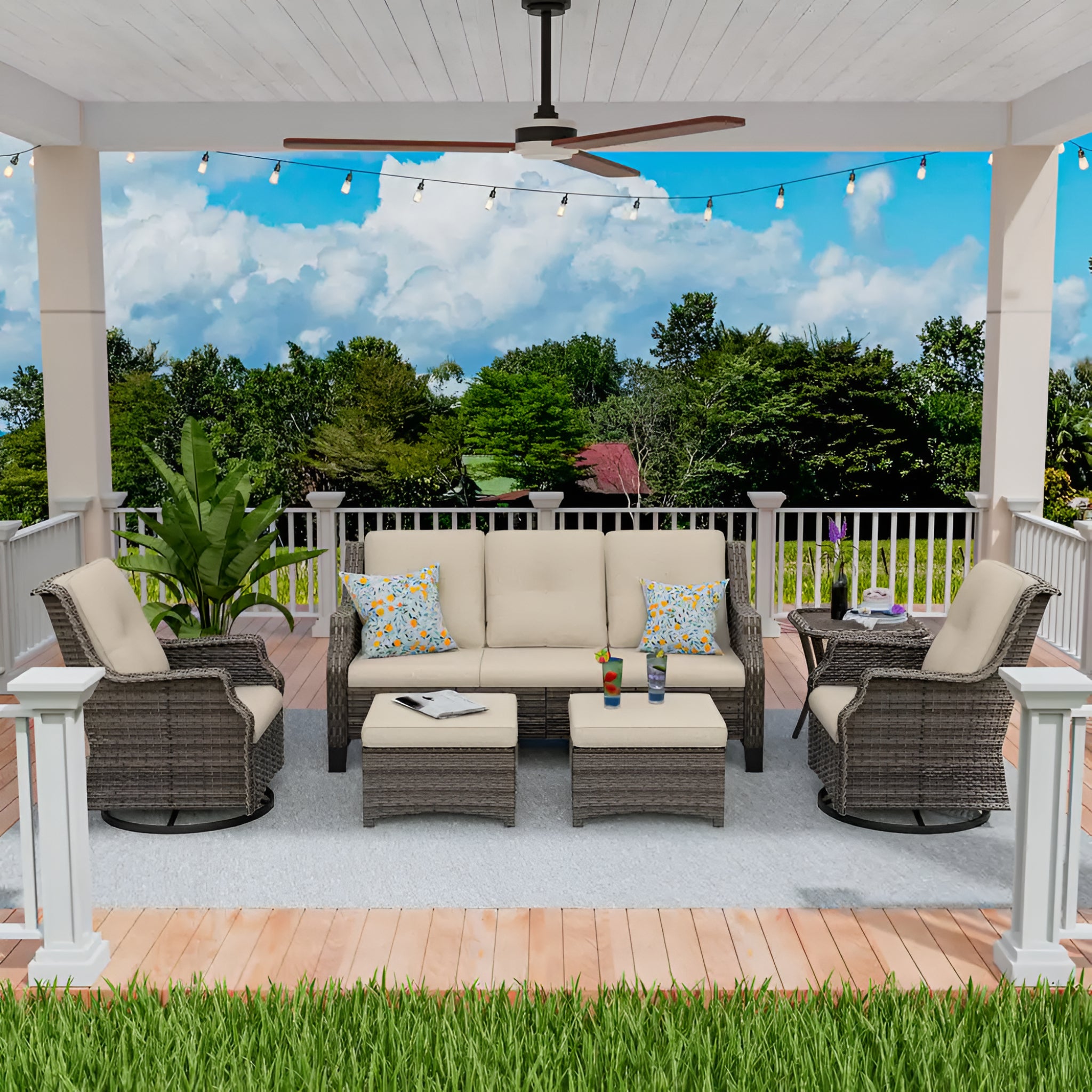 Outdoor patio furniture set on a covered patio with a scenic view.